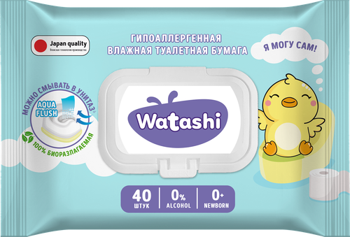 Бумага туалетная влажная детская WATASHI смываемая, 0+, 40шт, крупный план