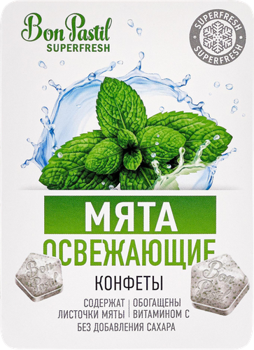 Конфеты освежающие BON PASTIL Superfresh Мята, без сахара, 12г, детальное фото