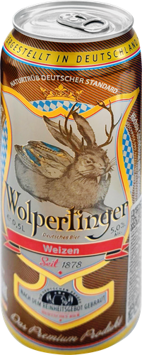 Напиток пивной светлый WOLPERTINGER Вайцен нефильтрованный пастеризованный неосветленный 5%, 0.5л, крупный план