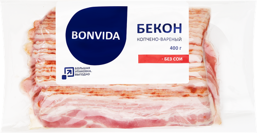 Бекон варено-копченый BONVIDA нарезка, 400г, крупный план