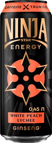 Напиток энергетический NINJA STAR Белый персик, личи газированный, 0.45л, картинка