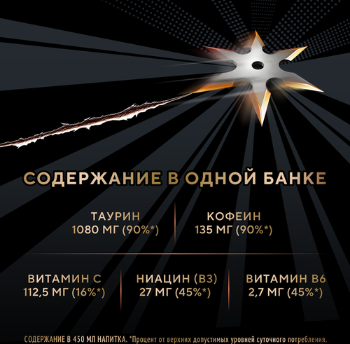 Напиток энергетический NINJA STAR Белый персик, личи газированный, 0.45л, детальное фото