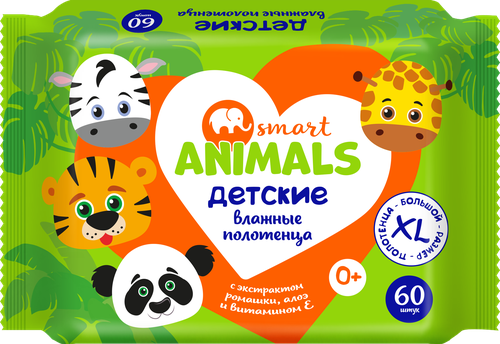 Полотенца влажные детские SMART Animals с ромашкой, алоэ и витамином Е, 60шт, изображение