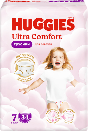 Подгузники-трусики для девочек HUGGIES Ultra Comfort 7, 17кг+, 34шт, детальное фото
