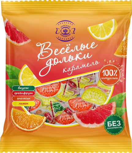 Карамель леденцовая ВЕСЕЛЫЕ ДОЛЬКИ микс со вкусом лимона, апельсина, грейпфрута, 300г, картинка
