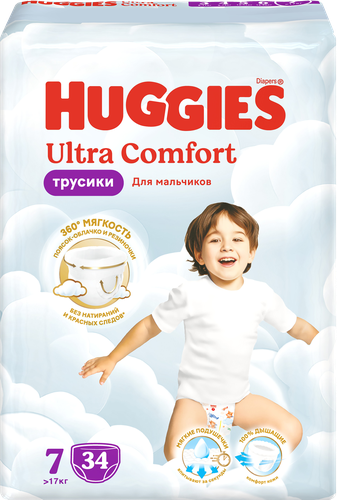 Подгузники-трусики для мальчиков HUGGIES Ultra Comfort 7, 17кг+, 34шт, вид