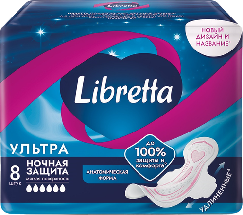 Прокладки гигиенические LIBRETTA Ультра ночные с мягкой поверхностью, 8шт, картинка