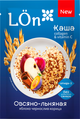 Каша овсяно-льняная LON с яблоком черносливом и корицей, моментальная, 30г, фотография
