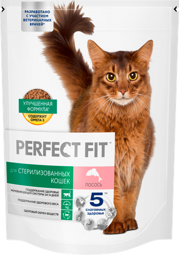 Корм сухой для взрослых кошек PERFECT FIT с лососем, для стерилизованных, 650г, детальное фото