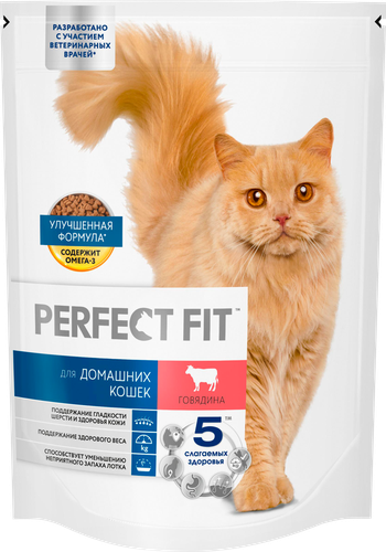 Корм сухой для взрослых кошек PERFECT FIT с говядиной, для живущих в помещении, 650г, фото