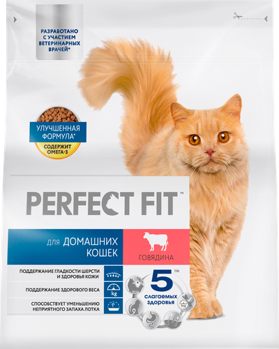 Корм сухой для взрослых кошек PERFECT FIT с говядиной, для живущих в помещении, 1200г, детальное фото