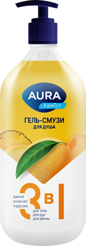 Гель-смузи для душа AURA Дыня, ананас, персик, 1000мл, крупный план