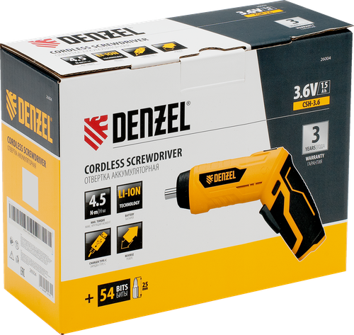 Отвертка аккумуляторная DENZEL CSH-3.6 54 биты Li-Ion 3,6В, Арт. 26004, изображение