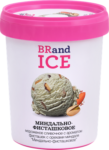 Мороженое BRAND ICE Миндально-фисташковое, сливочное с ароматом фисташки с миндалем 10,5%, без змж, пластиковый стакан, 500г, фотография