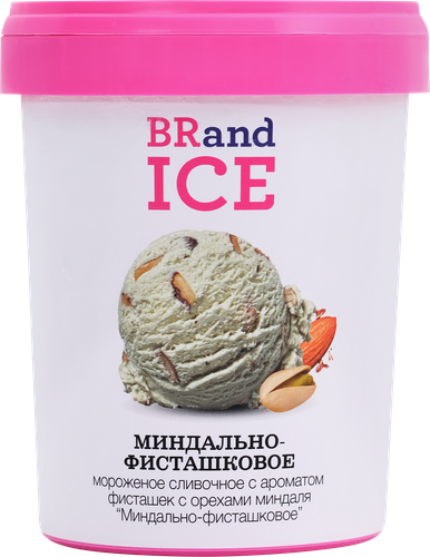 Мороженое BRAND ICE Миндально-фисташковое, сливочное с ароматом фисташки с миндалем 10,5%, без змж, пластиковый стакан, 500г, крупный план