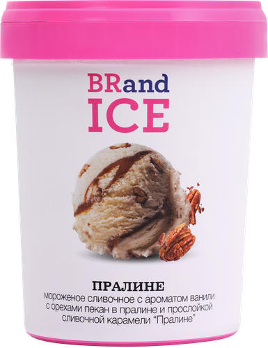 Мороженое BRAND ICE Пралине, сливочное с ароматом ванили и орехом пекан 12%, без змж, пластиковый стакан, 500г, крупный план