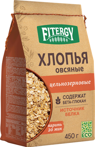 Хлопья овсяные FITERGY цельнозерновые, 450г, картинка