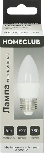 Лампа светодиодная HOMECLUB свеча 5Вт E27 нейтральный свет, Арт. LED-C37-5E2740, вид