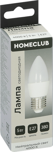 Лампа светодиодная HOMECLUB свеча 5Вт E27 нейтральный свет, Арт. LED-C37-5E2740, картинка