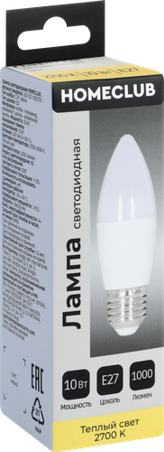 Лампа светодиодная HOMECLUB свеча 10Вт E27 теплый свет, Арт. LED-C39-10E2727, изображение