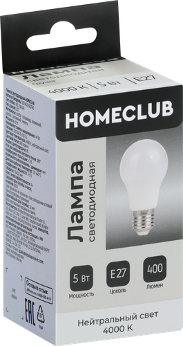 Лампа светодиодная HOMECLUB груша 5Вт E27 нейтральный свет, Арт. LED-A55-5E2740, вид