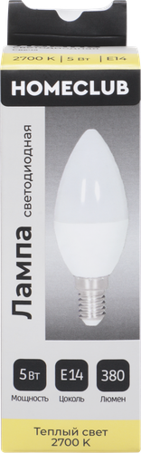 Лампа светодиодная HOMECLUB свеча 5Вт E14 теплый свет, Арт. LED-C37-5E1427, вид