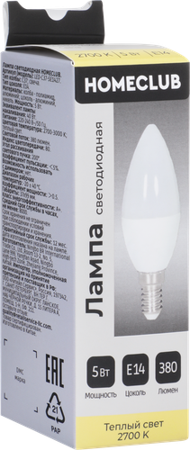Лампа светодиодная HOMECLUB свеча 5Вт E14 теплый свет, Арт. LED-C37-5E1427, изображение