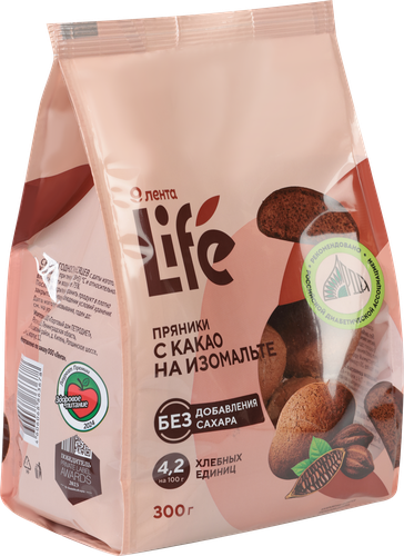 Пряники ЛЕНТА LIFE с какао, на изомальте, 300г, крупный план