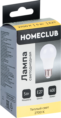 Лампа светодиодная HOMECLUB груша 5Вт E27 теплый свет, Арт. LED-A55-5E2727, фотография