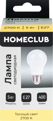 Лампа светодиодная HOMECLUB груша 5Вт E27 теплый свет, Арт. LED-A55-5E2727, картинка