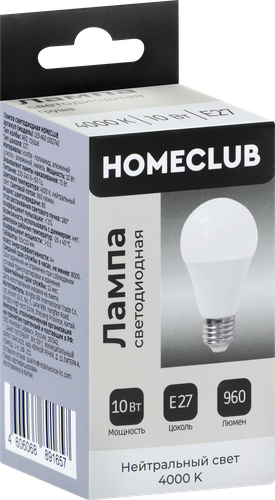 Лампа светодиодная HOMECLUB груша 10Вт E27 нейтральный свет, Арт. LED-A60-10E2740, крупный план