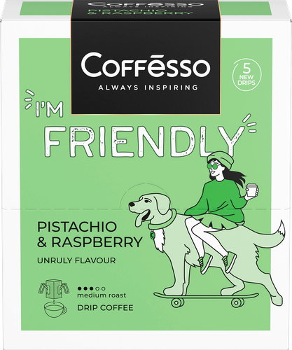 Кофе молотый COFFESSO Friendly с ароматом фисташки и малины, дрип-пакет, 5пак, крупный план