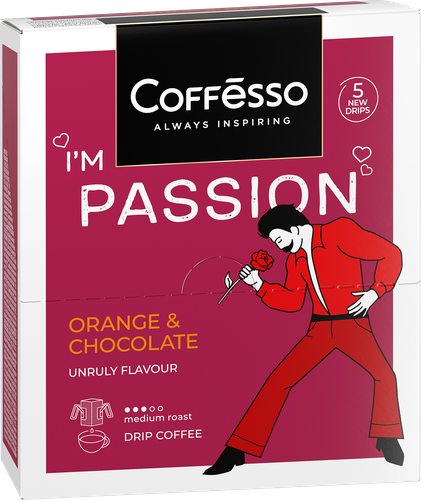 Кофе молотый COFFESSO Passionсо с ароматом красного апельсина и шоколада, дрип-пакет, 5пак, крупный план