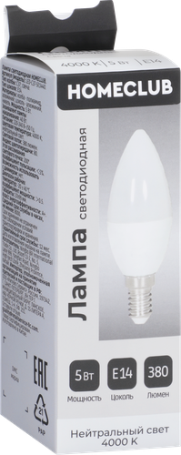 Лампа светодиодная HOMECLUB свеча 5Вт E14 нейтральный свет, Арт. LED-C37-5E1440, изображение