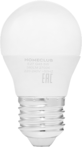 Лампа светодиодная HOMECLUB шар 5Вт E27 теплый свет, Арт. LED-G45-5E2727, детальное фото