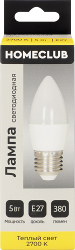 Лампа светодиодная HOMECLUB свеча 5Вт E27 теплый свет, Арт. LED-C37-5E2727, фото