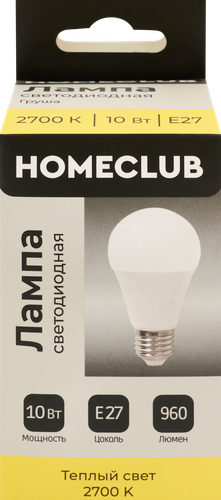 Лампа светодиодная HOMECLUB груша 10Вт E27 теплый свет, Арт. LED-A60-10E2727, крупный план