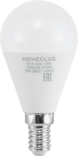 Лампа светодиодная HOMECLUB шар 10Вт E14 теплый свет, Арт. LED-G45-10E1427, крупный план
