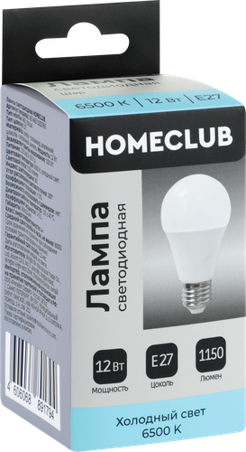 Лампа светодиодная HOMECLUB груша 12Вт E27 холодный свет, Арт. LED-A60-12E2765, крупный план