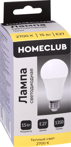 Лампа светодиодная HOMECLUB груша 15Вт E27 теплый свет, Арт. LED-A60-15E2727, фото