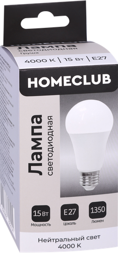 Лампа светодиодная HOMECLUB груша 15Вт E27 нейтральный свет, Арт. LED-A60-15E2740, крупный план