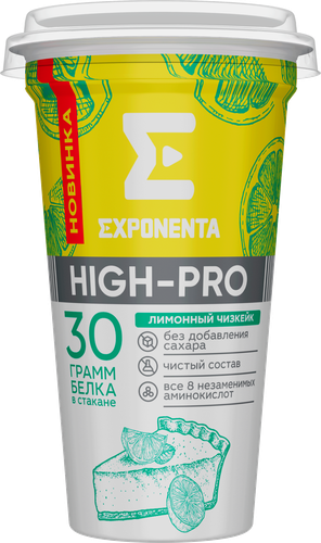 Напиток кисломолочный EXPONENTA HIGH-PRO Лимонный чизкейк обезжиренный с высоким содержанием белка, без змж, 250г, крупный план