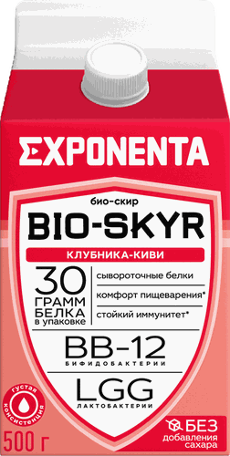 Напиток кисломолочный EXPONENTA BIO-SKYR 3в1 Клубника, киви обезжиренный с высоким содержанием белка, без змж, 500г, картинка