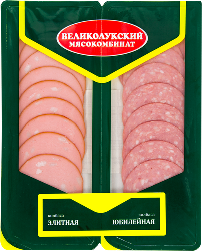 Колбаса МК ВЕЛИКОЛУКСКИЙ Ассорти вареная Элитная+полукопченая Юбилейная, нарезка, 100г, изображение