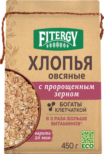 Хлопья овсяные FITERGY цельнозерновые, с пророщенным зерном, 450г, крупный план