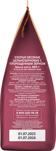 Хлопья овсяные FITERGY цельнозерновые, с пророщенным зерном, 450г, фото