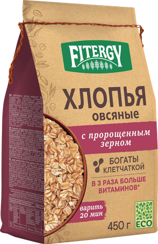 Хлопья овсяные FITERGY цельнозерновые, с пророщенным зерном, 450г, вид