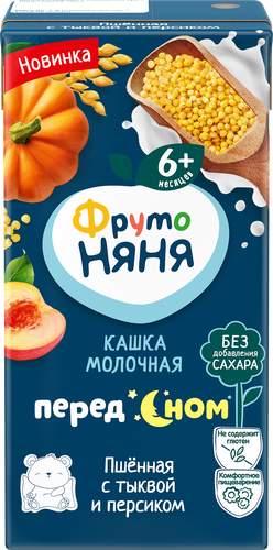 Кашка пшенная ФРУТОНЯНЯ молочная, с тыквой и персиком, с 6 месяцев, 200мл, фотография