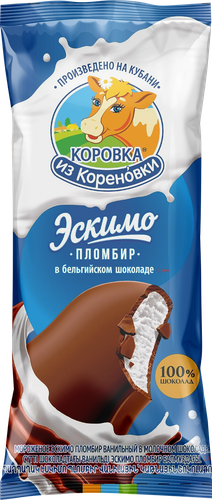 Мороженое КОРОВКА ИЗ КОРЕНОВКИ Пломбир ванильный в молочном бельгийском шоколаде 15%, без змж, эскимо, 70г, картинка