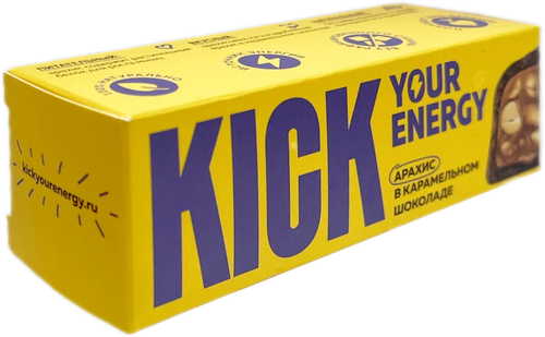 Батончик арахисовый KICK Your Energy, в карамельном шоколаде, без сахара, 45г, крупный план